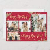 Elegant Red Gold 4 Photo Collage kerstkaart (Voorkant)