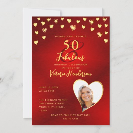Elegant Red & Gold 50 en Fabulous Birthday Kaart (Voorkant)