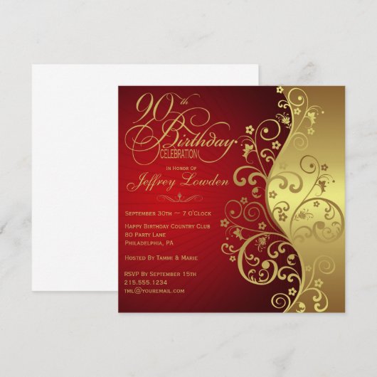 Elegant Red & Gold 90th Birthday Party Invitation Kaart (Voorkant / Achterkant)