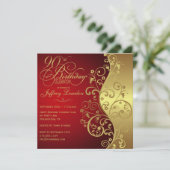 Elegant Red & Gold 90th Birthday Party Invitation Kaart (Staand voorkant)