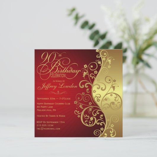 Elegant Red & Gold 90th Birthday Party Invitation Kaart (Staand voorkant)