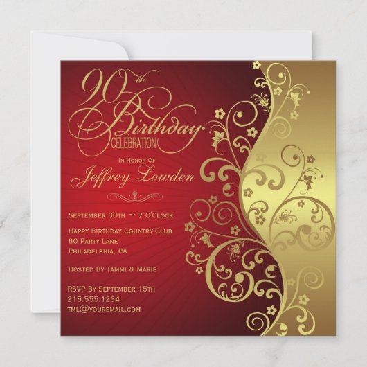Elegant Red & Gold 90th Birthday Party Invitation Kaart (Voorkant)