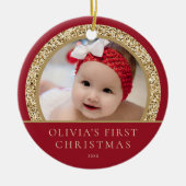 Elegant Red Gold Baby's eerste kerstfoto Keramisch Ornament (Voorkant)
