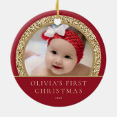 Elegant Red Gold Baby's eerste kerstfoto Keramisch Ornament (Achterkant)
