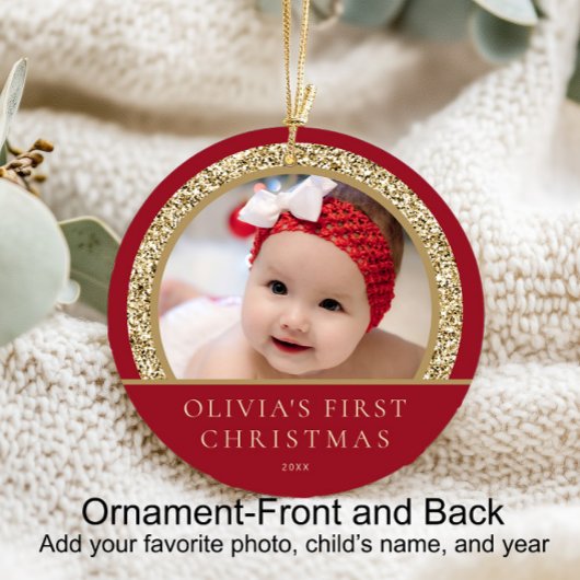 Elegant Red Gold Baby's eerste kerstfoto Keramisch Ornament