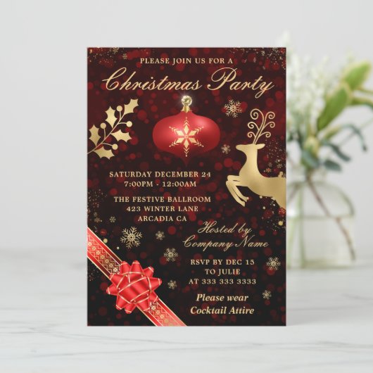 Elegant Red & Gold Bauble & Ribbon-kerstfeest Kaart (Staand voorkant)