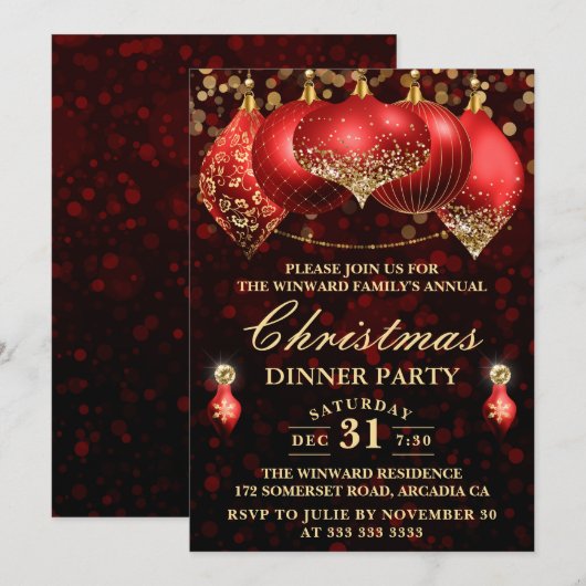 Elegant Red & Gold Baubles kerstfeest Kaart (Voorkant / Achterkant)