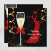 Elegant Red Gold Black Birthday Champagne Kaart (Voorkant / Achterkant)
