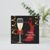 Elegant Red Gold Black Birthday Champagne Kaart (Staand voorkant)