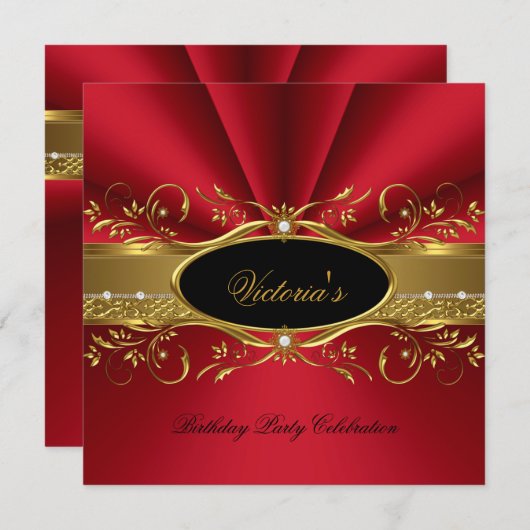 Elegant Red Gold Black Birthday Party Kaart (Voorkant / Achterkant)