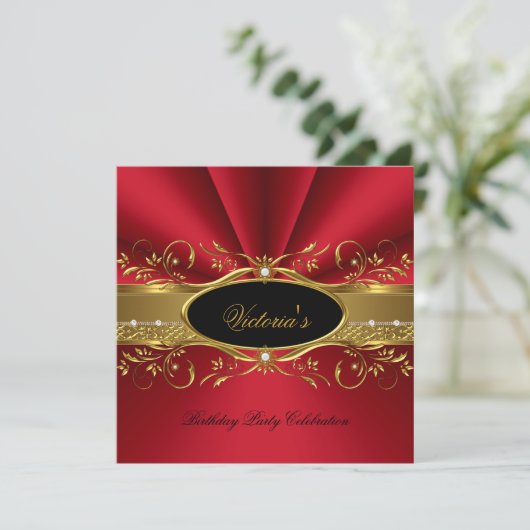 Elegant Red Gold Black Birthday Party Kaart (Staand voorkant)
