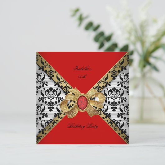 Elegant Red Gold Black White Damask Diamond Kaart (Staand voorkant)
