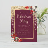 Elegant Red Gold Botanical Christmas Party Kaart (Staand voorkant)