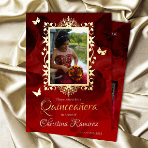 Elegant Red, Gold Butterflies Quinceanera Folie Uitnodiging