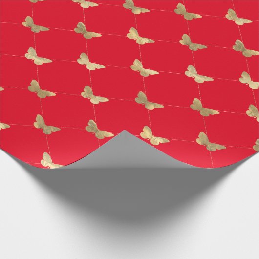 Elegant Red Gold Butterfly Pattern Wrapping Paper Cadeaupapier (Hoek)