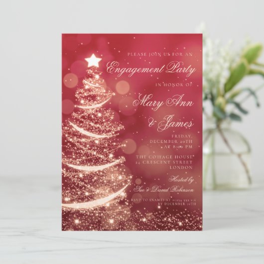 Elegant Red & Gold Christmas Engagement Party Kaart (Staand voorkant)