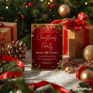 Elegant, Red & Gold, Christmas Party Invitation Kaart