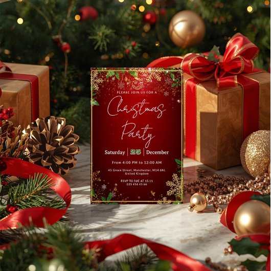 Elegant, Red & Gold, Christmas Party Invitation Kaart