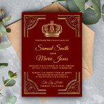 Elegant Red Gold  Crown Wedding Invitation Kaart<br><div class="desc">Verrijk je gasten met deze koninklijke uitnodiging voor een bruiloft met een elegante gouden grens en mooie kroon tegen een donkerrode achtergrond. Voeg eenvoudig uw gebeurtenisdetails op deze makkelijk te gebruiken sjabloon toe om het één-van-een-soort uitnodiging te maken. Draai de kaart om een prachtig patroon op de achterkant van de...</div>