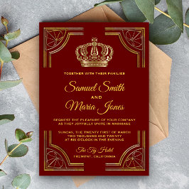 Elegant Red Gold  Crown Wedding Invitation Kaart