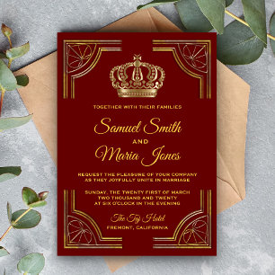 Elegant Red Gold  Crown Wedding Invitation Kaart