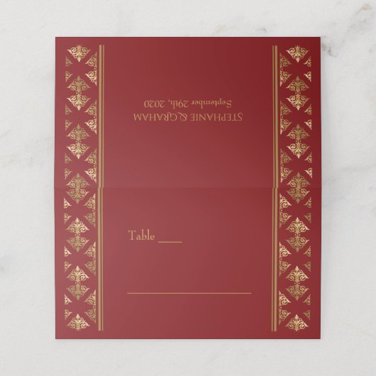 Elegant Red Gold Damask Patterned Wedding Plaatskaartje (Buitenkant ongevouwen)