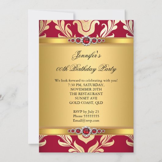 Elegant Red Gold Damask Pearl Birthday Party Kaart (Voorkant)