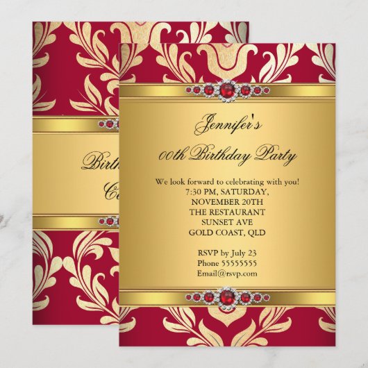 Elegant Red Gold Damask Pearl Birthday Party Kaart (Voorkant / Achterkant)