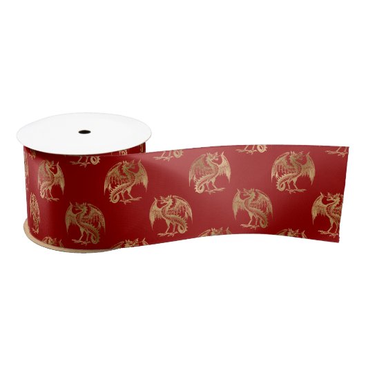Elegant Red Gold Dragon Satin Ribbon Satijnen Lint (Spoel)