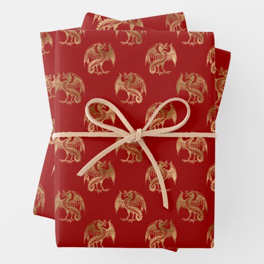 Elegant Red Gold Dragon Wrapping Paper Sheets (In situ)