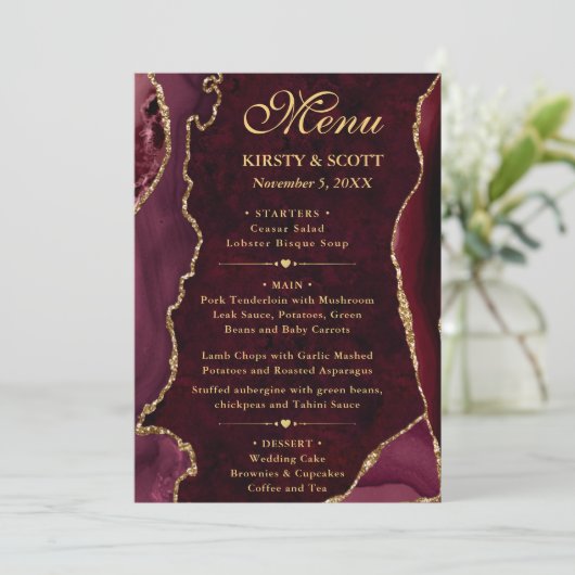 Elegant Red & Gold Faux Glitter Agate Wedding Menu (Staand voorkant)