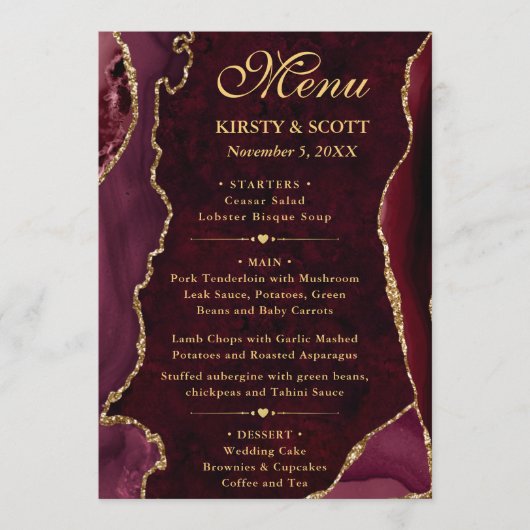 Elegant Red & Gold Faux Glitter Agate Wedding Menu (Voorkant)