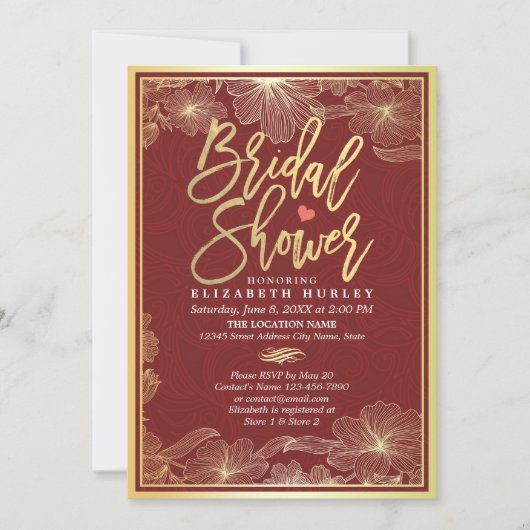 Elegant Red & Gold Floral Bridal Shower Invitation Kaart (Voorkant)