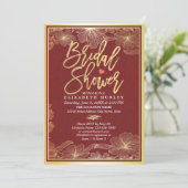 Elegant Red & Gold Floral Bridal Shower Invitation Kaart (Staand voorkant)