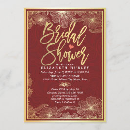 Elegant Red & Gold Floral Bridal Shower Invitation Kaart