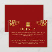 Elegant red gold floral Chinese bruiloft details Informatiekaartje (Voorkant / Achterkant)