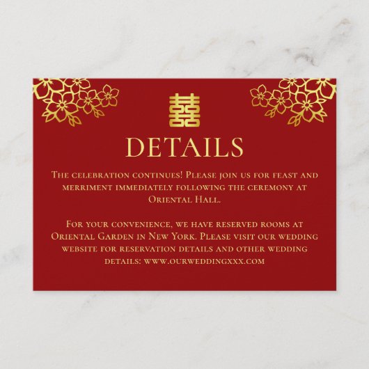 Elegant red gold floral Chinese bruiloft details Informatiekaartje (Voorkant)