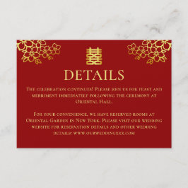 Elegant red gold floral Chinese bruiloft details Informatiekaartje