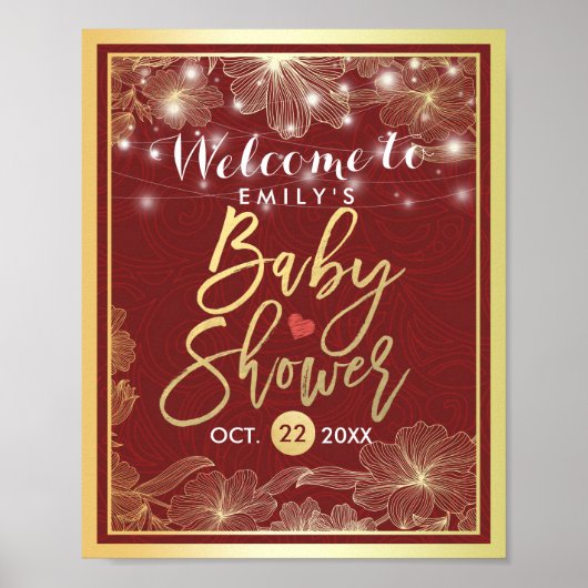 Elegant Red Gold Floral Lijst Baby shower Welkom Poster (Voorkant)