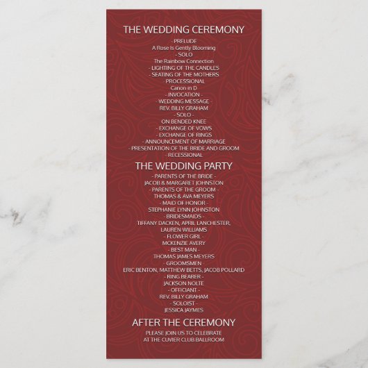 Elegant Red & Gold Floral Lijst Wedding Programme Programmakaart (Achterkant)