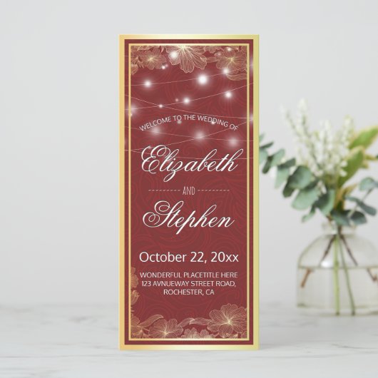 Elegant Red & Gold Floral Lijst Wedding Programme Programmakaart (Staand voorkant)