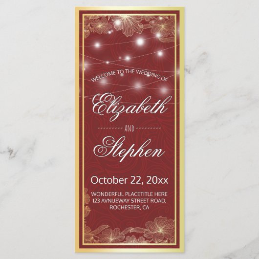 Elegant Red & Gold Floral Lijst Wedding Programme Programmakaart (Voorkant)