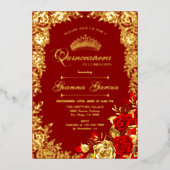 Elegant Red Gold Floral Quinceanera Party  Folie Uitnodiging (Voorkant)