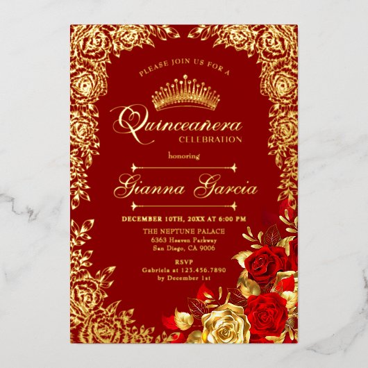 Elegant Red Gold Floral Quinceanera Party  Folie Uitnodiging (Voorkant)