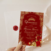 Elegant Red Gold Floral Quinceanera Party  Folie Uitnodiging