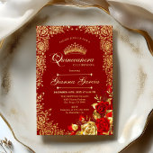 Elegant Red Gold Floral Quinceanera Party  Folie Uitnodiging