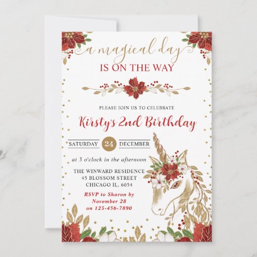 Elegant Red & Gold Floral Unicorn Birthday Party Kaart (Voorkant)