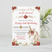 Elegant Red & Gold Floral Unicorn Birthday Party Kaart (Staand voorkant)