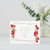 Elegant Red & Gold Floral Wedding Save the Date Briefkaart (Staand voorkant)