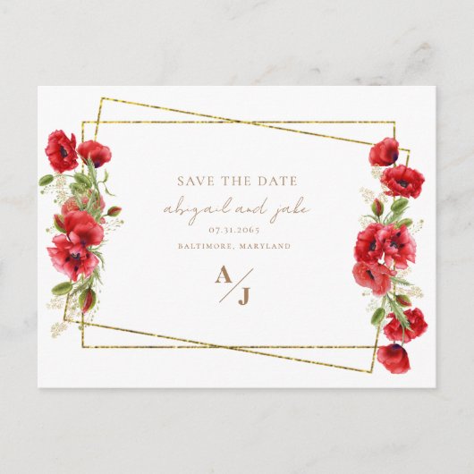 Elegant Red & Gold Floral Wedding Save the Date Briefkaart (Voorkant)